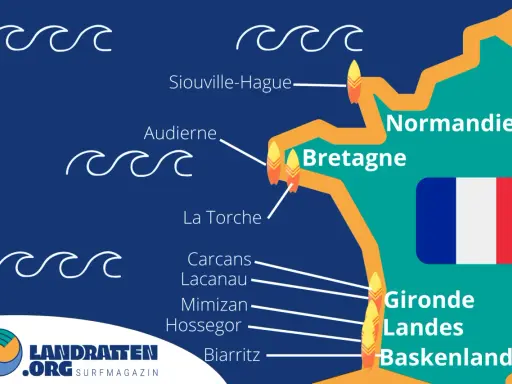 Surfspots Frankreich Karte: Normandie, Bretagne & Baskenland mit Hotspots wie Siouville, Audierne, La Torche, Hossegor & Biarritz.