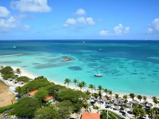 Traumhafter Strand mit Palmen und türkisfarbenem Wasser. Ein Ort wie Aruba oder Curacao, perfekt für einen Urlaub.