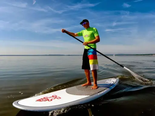 Ein Mann genießt das Steinhuder Meer beim SUP. Im Hintergrund paddelt eine weitere Person.