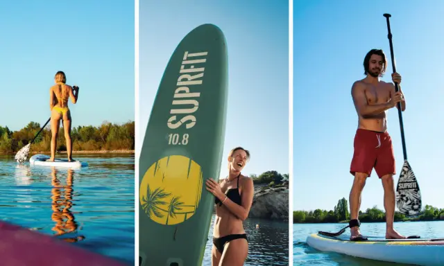 Frauen und Männer genießen SUP-Geschwindigkeit auf dem Wasser. Ein Mann mit roter Badehose und eine Frau im Bikini auf ihren Boards.