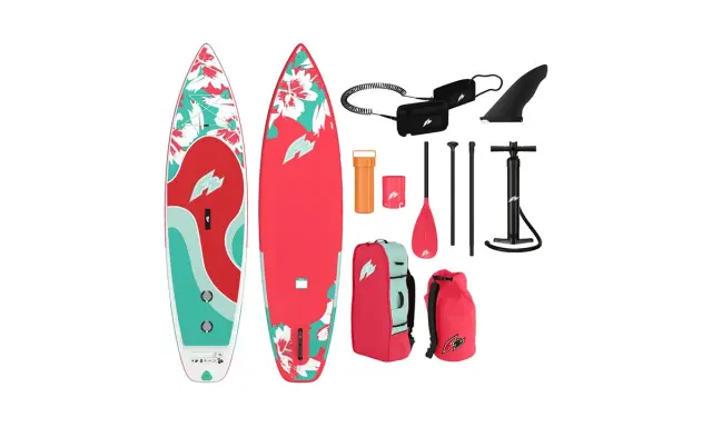 Zwei SUP-Boards mit Blumenmuster, Paddel, Pumpe, Leine und Taschen. Ob Doppelkammer oder nicht, dieses Set ist bereit für das Wasser!