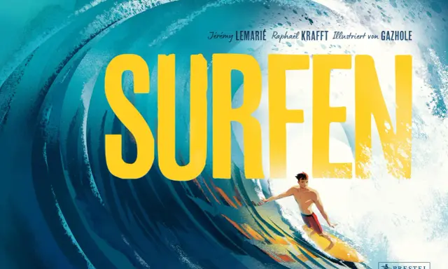 Ein junger Mann surft auf einer riesigen Welle, er ist der beste Surfer der Welt. Gelbe Schrift "SURFEN" dominiert das Bild.