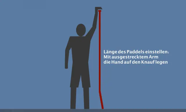 So stellst du das SUP Paddel richtig halten ein: Mit ausgestrecktem Arm die Hand auf den Knauf legen.