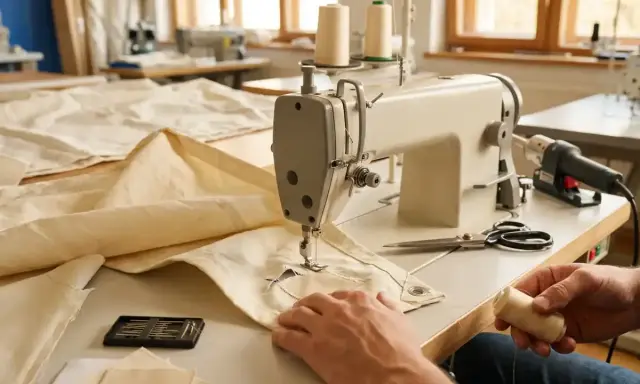 Hände arbeiten an einer Nähmaschine, um ein Segel auszubessern. Nadeln, Schere und Garn liegen bereit.