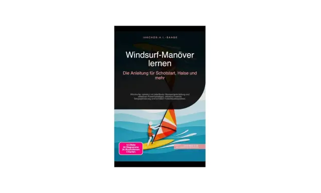 Anleitung zum Windsurfen lernen: Schotstart, Halse und mehr. Ein Windsurfer auf einem Brett mit buntem Segel, bereit für Manöver wie die Halse.