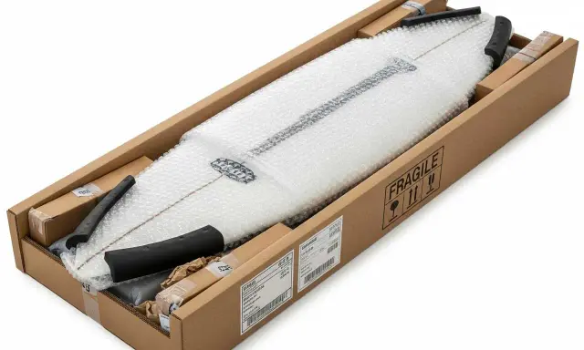 Ein weißes Surfbrett, sicher verpackt in Luftpolsterfolie und einem Karton, bereit zum Surfbrett versenden. Der Karton ist mit "FRAGILE" gekennzeichnet.