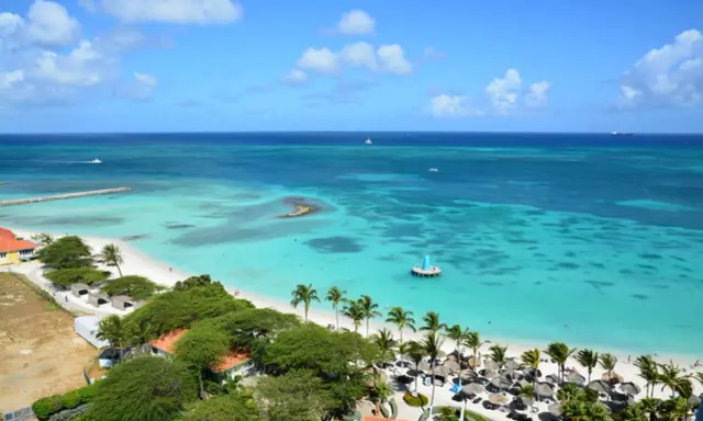 Traumhafter Strand mit Palmen und türkisfarbenem Wasser. Ein Ort wie Aruba oder Curacao, perfekt für einen Urlaub.