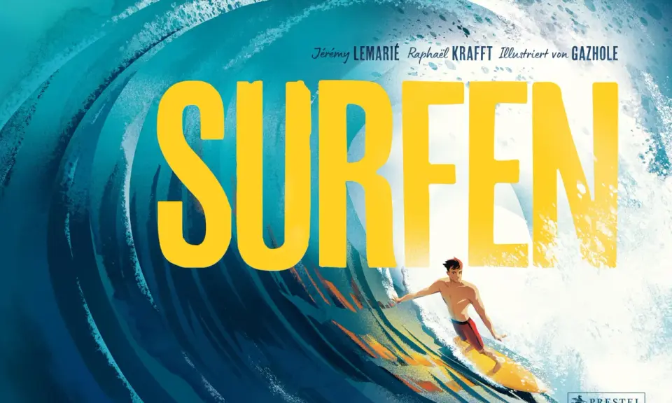 Ein junger Mann surft auf einer riesigen Welle, er ist der beste Surfer der Welt. Gelbe Schrift "SURFEN" dominiert das Bild.