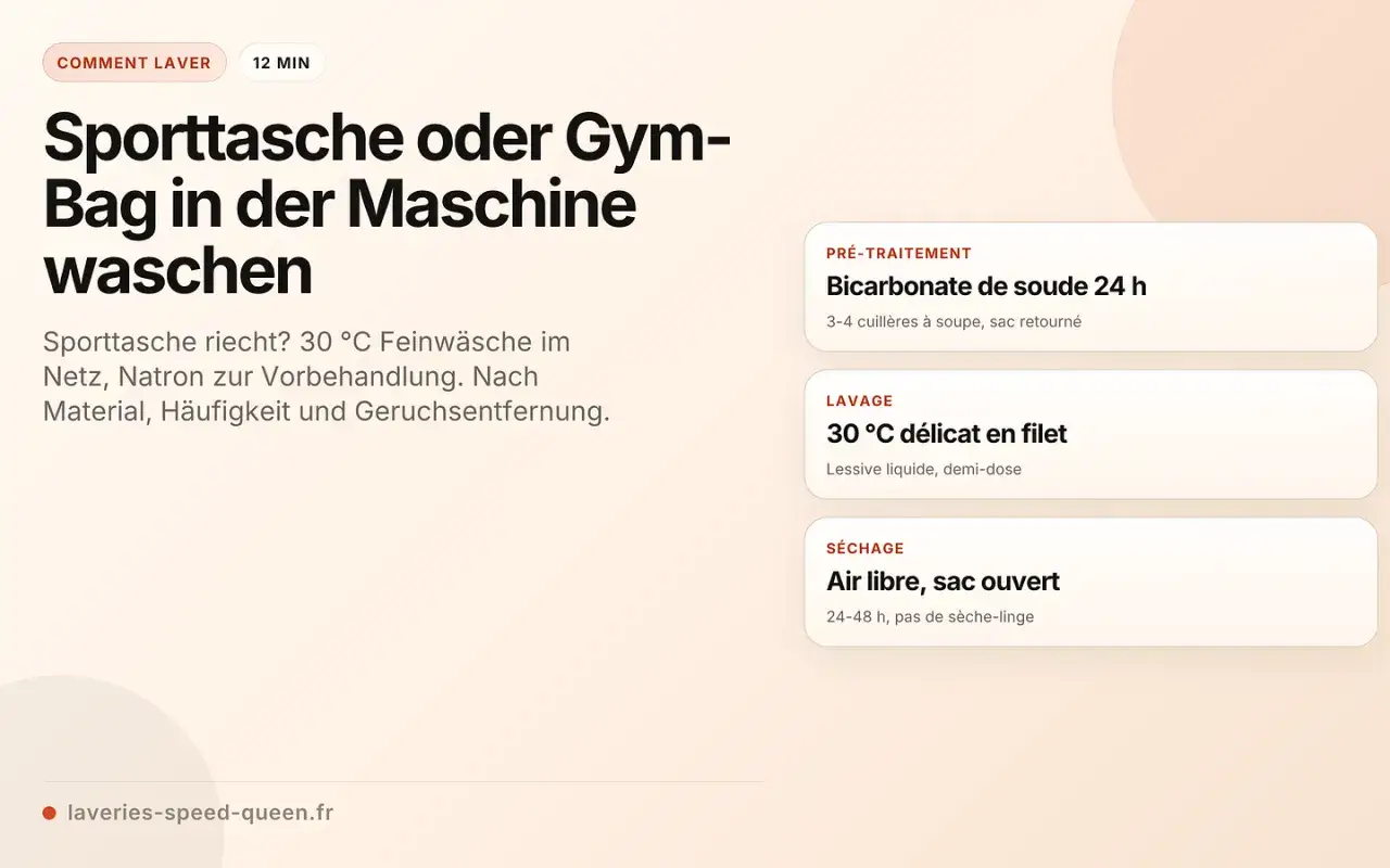 Anleitung zum Sporttasche waschen: Feinwäsche bei 30°C, Natron zur Vorbehandlung, dann trocknen lassen.