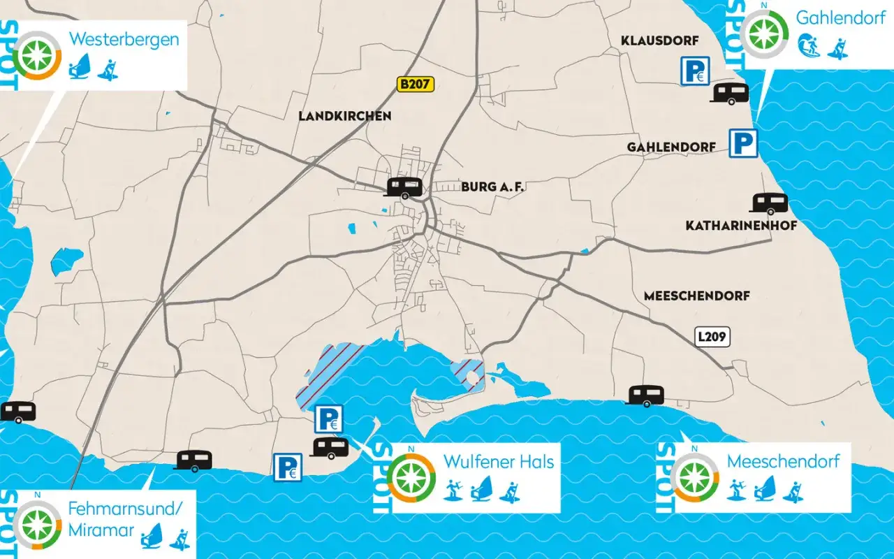 Karte von Fehmarn mit Spots für Windsurfen, Campingplätzen und Parkmöglichkeiten. Ideal für deinen nächsten Windsurfen Fehmarn Urlaub.