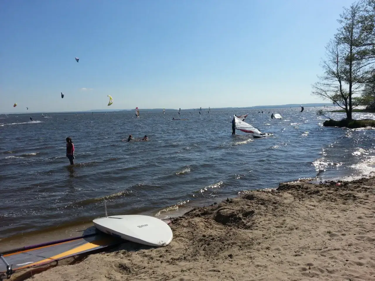 Windsurfer tummeln sich auf dem Steinhuder Meer. Sonnenschein und blauer Himmel &uuml;ber dem Wasser.