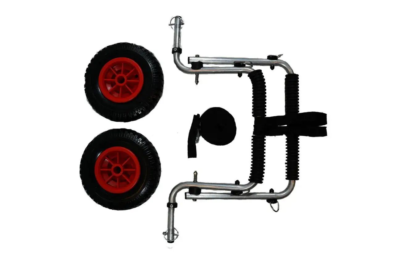 Zwei Räder mit roten Felgen und ein silberner sup board trolley mit Gurten.