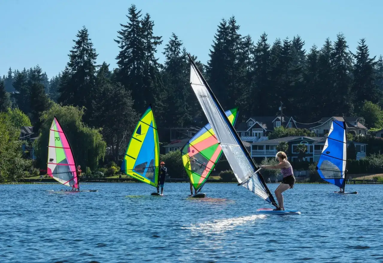 Windsurfer auf dem IJsselmeer genießen den sonnigen Tag. Bunte Segel tanzen auf dem Wasser.
