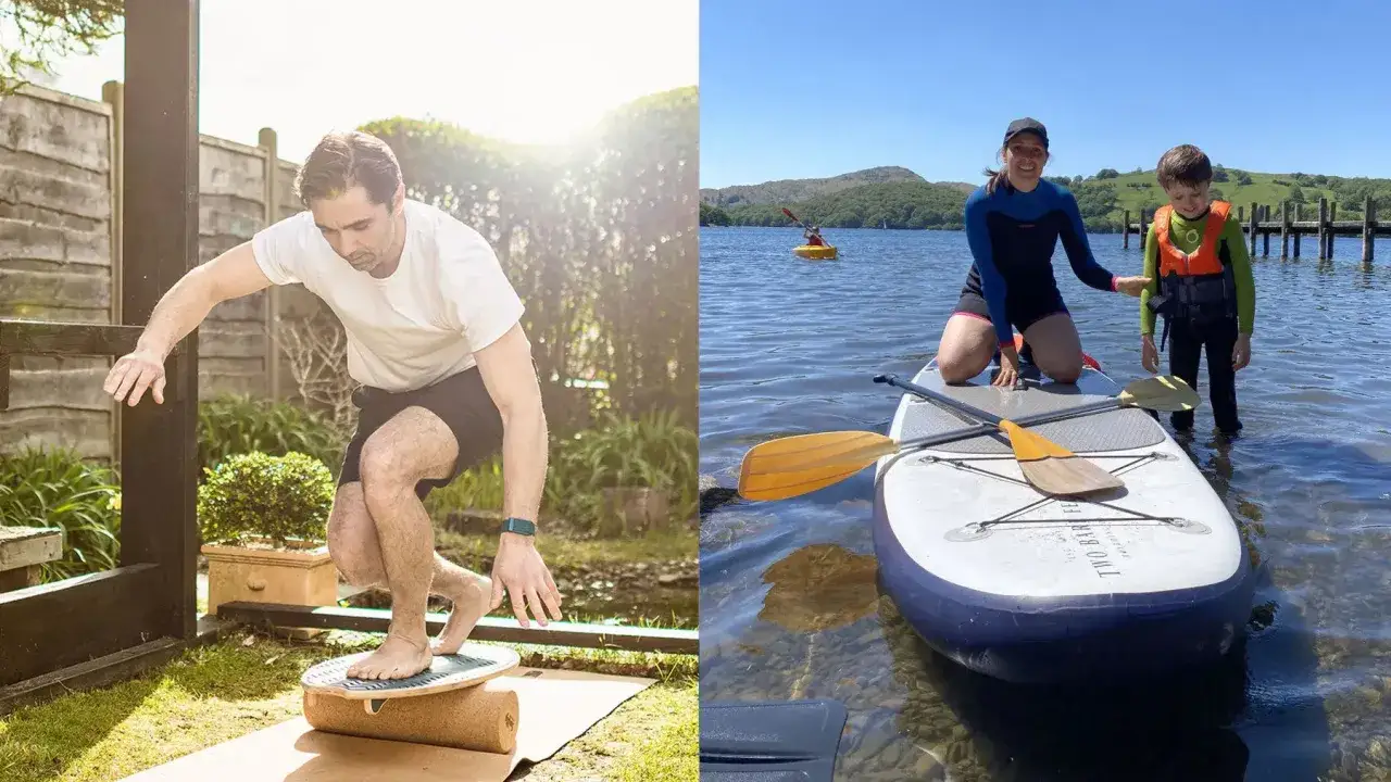 Mann trainiert Balance f&uuml;r SUP zuhause. Frau und Kind auf SUP-Board im See.