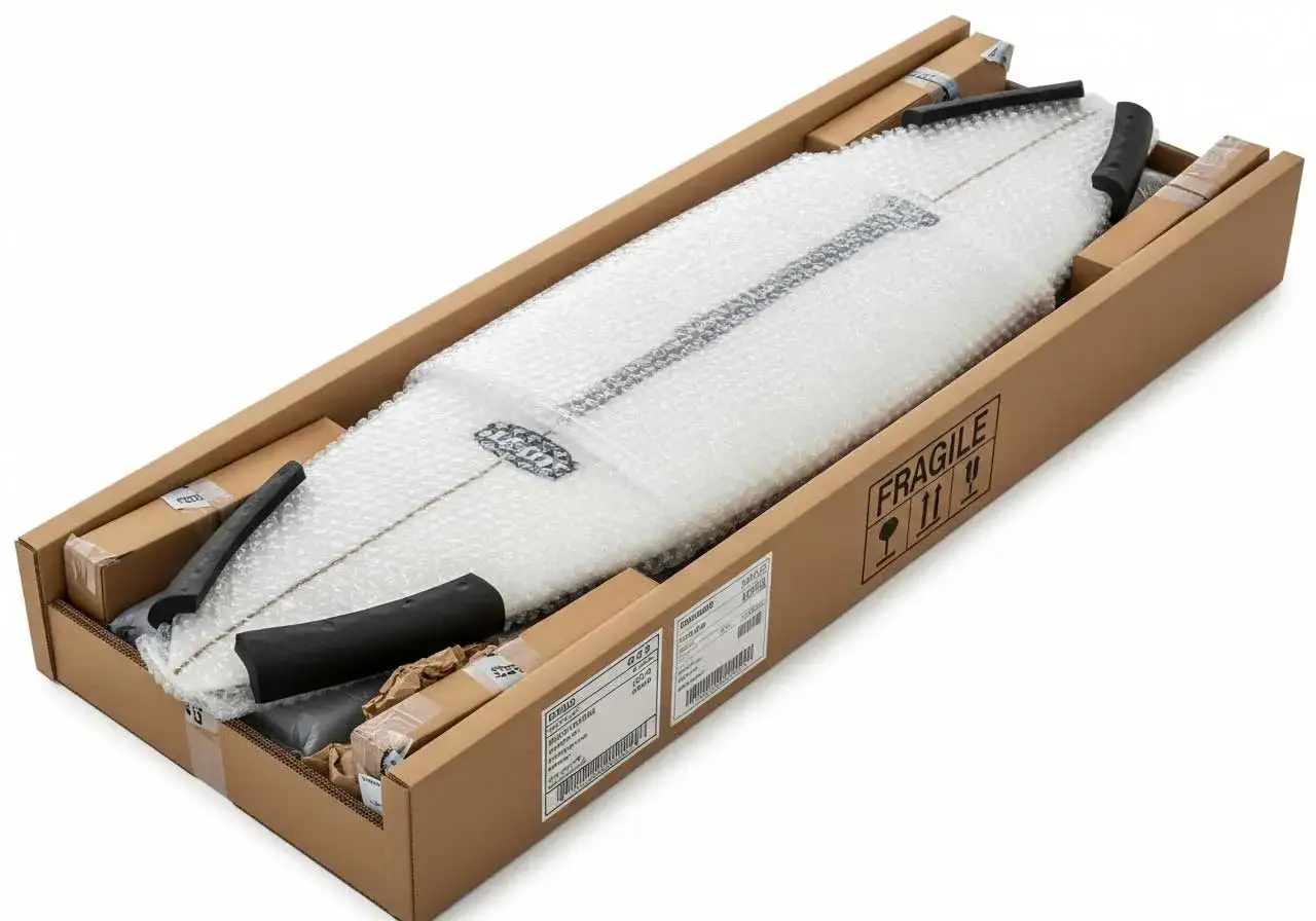Ein weißes Surfbrett, sicher verpackt in Luftpolsterfolie und einem Karton, bereit zum Surfbrett versenden. Der Karton ist mit