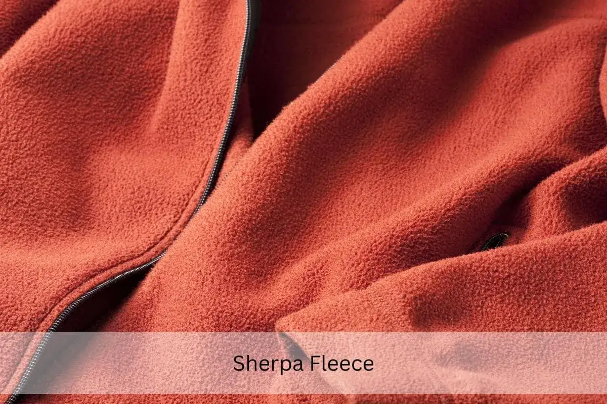 Richtig waschen: So bleibt Ihr Sherpa Fleece kuschelig weich. Nahaufnahme des orangefarbenen Fleecestoffs mit Reißverschluss.