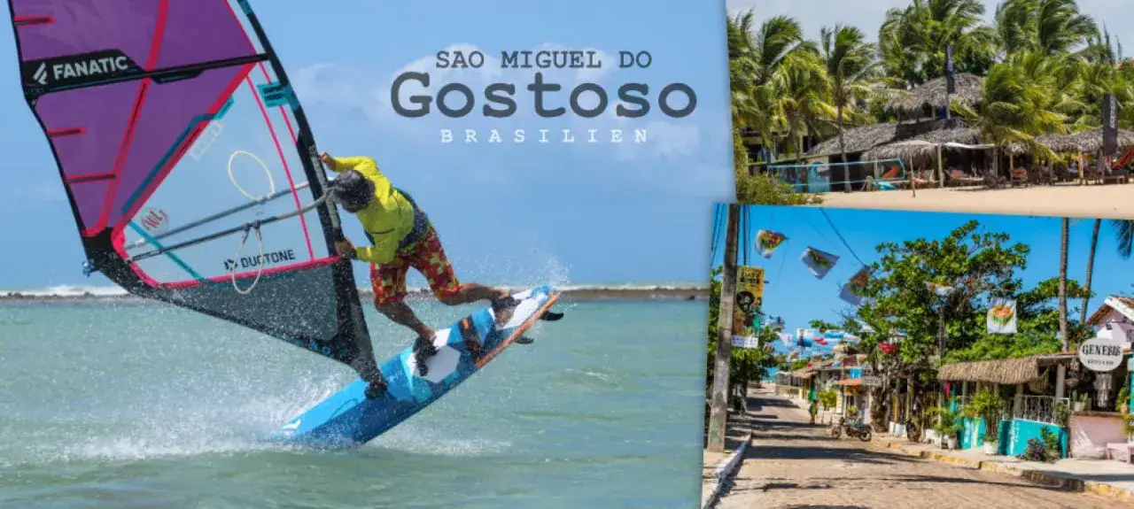 Windsurfer in Aktion vor der Küste von São Miguel do Gostoso, Brasilien. Bunte Häuser und Palmen säumen die Straße.