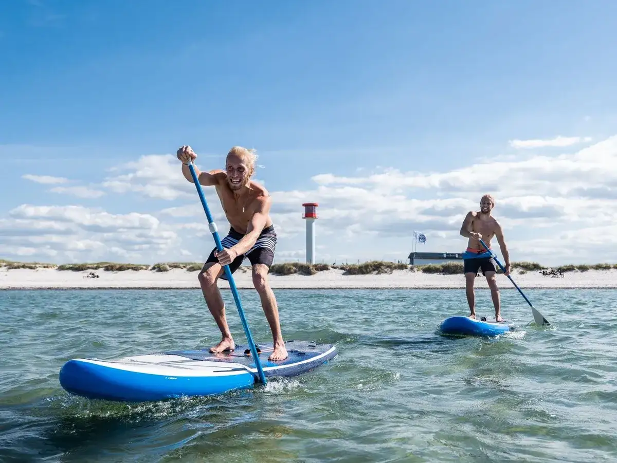 Zwei Männer genießen SUP in Schleswig-Holstein. Sie paddeln auf dem Wasser, im Hintergrund ein Leuchtturm und Strand.