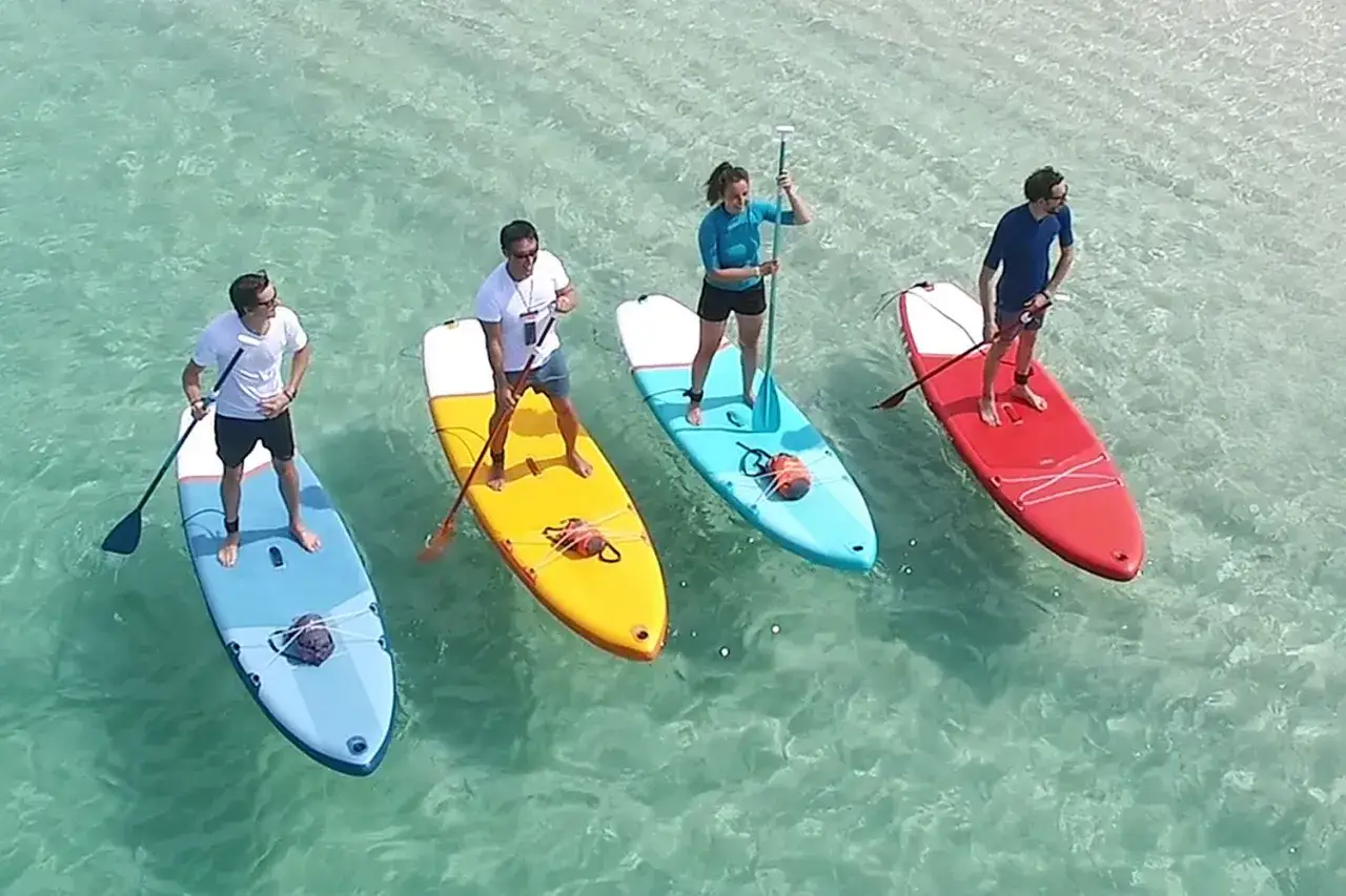 Vier Personen auf SUPs (Stand Up Paddleboards) gleiten auf klarem, t&uuml;rkisfarbenem Wasser.