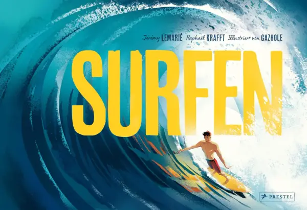Ein junger Mann surft auf einer riesigen Welle, er ist der beste Surfer der Welt. Gelbe Schrift "SURFEN" dominiert das Bild.