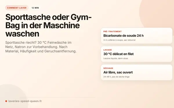 Anleitung zum Sporttasche waschen: Feinwäsche bei 30°C, Natron zur Vorbehandlung, dann lufttrocknen.