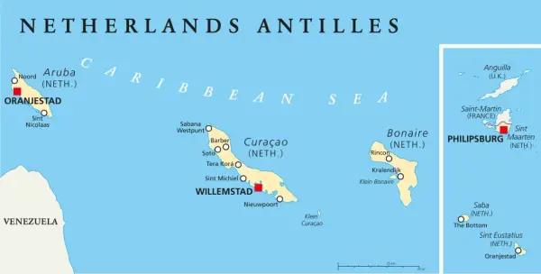Karte der ABC Inseln Karibik: Aruba, Bonaire, Curaçao und weitere niederländische Antilleninseln.