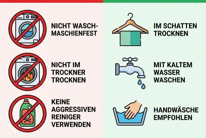 Neoprenanzug waschen: Handwäsche mit kaltem Wasser empfohlen. Nicht in der Maschine oder im Trockner waschen. Nicht aggressiven Reiniger verwenden. Im Schatten trocknen.