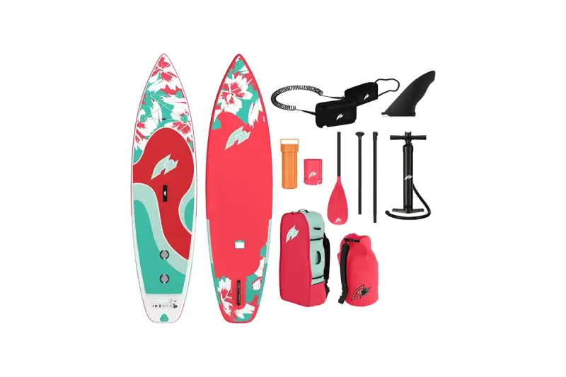 Zwei SUP-Boards mit Blumenmuster, Paddel, Pumpe, Leine und Taschen. Ob Doppelkammer oder nicht, dieses Set ist bereit für das Wasser!